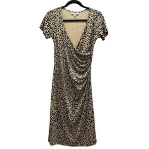 Diane Von Furstenberg 100% Silk Tan Black Short Sleeve Faux Wrap Dress Size 6